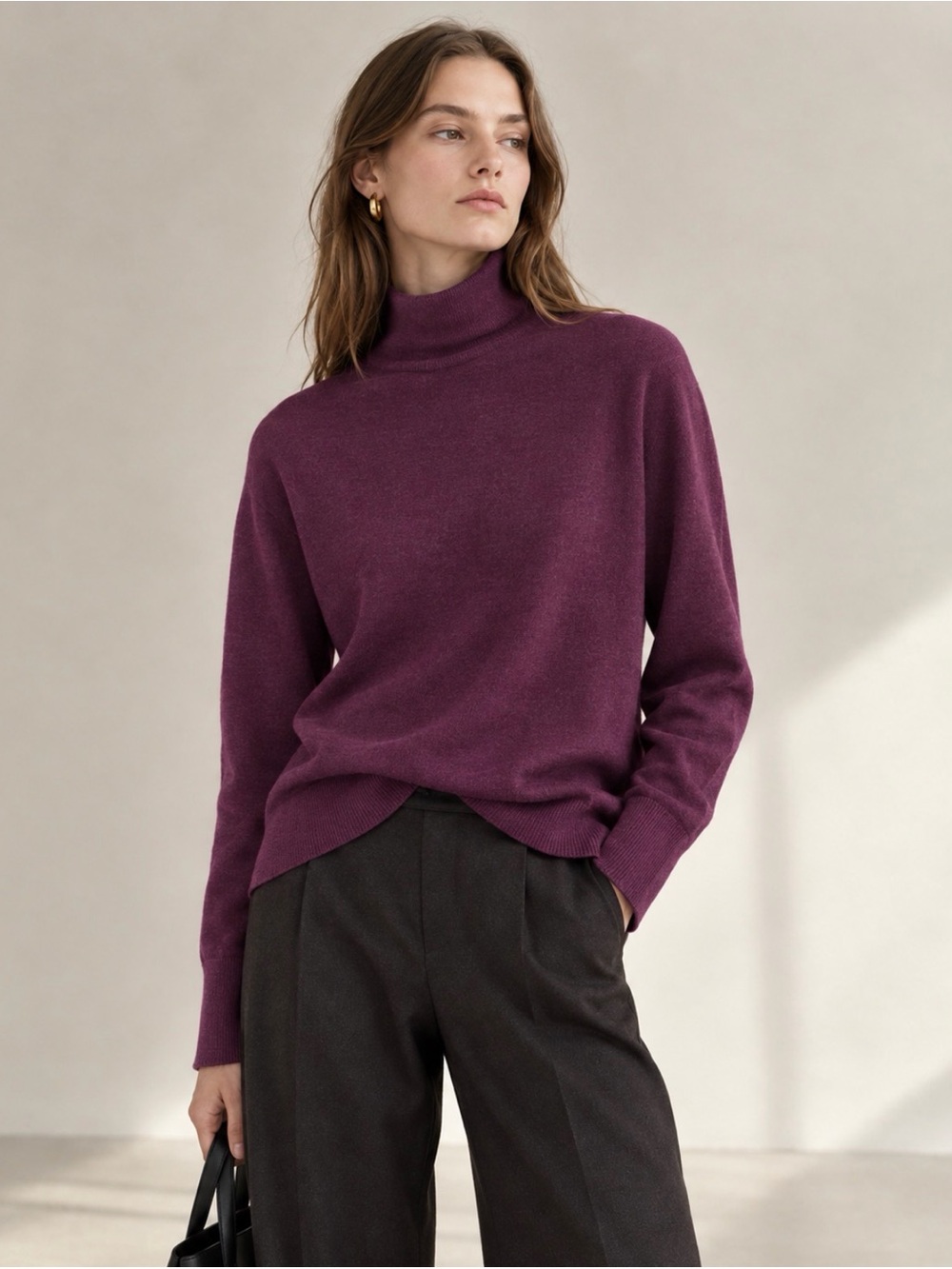 Uterque Uterqüe Minimalist Plum Fine Wool Silk Blend Knit Turtleneck Sweater, S